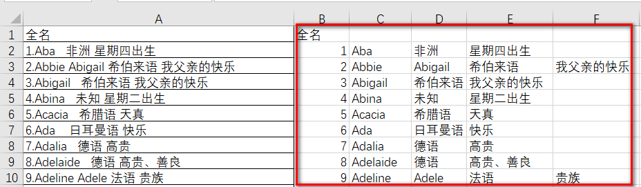查看分列后的数据